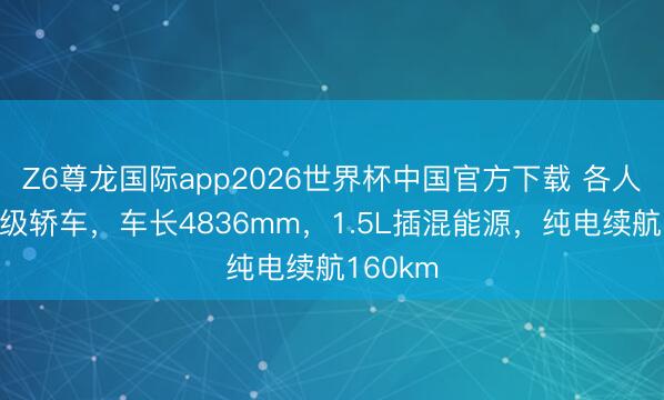 Z6尊龙国际app2026世界杯中国官方下载 各人全新中级轿车，车长4836mm，1.5L插混能源，纯电续航160km